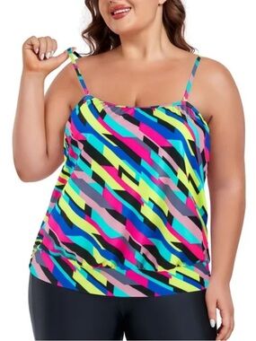 Oceans Blues Multicolor Neon Striped Swim Tankini Tankini Top, Size XXL, NWT